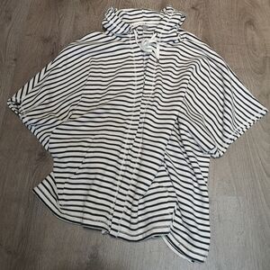 Y2K contemporary hooded striped fleece drawstring poncho